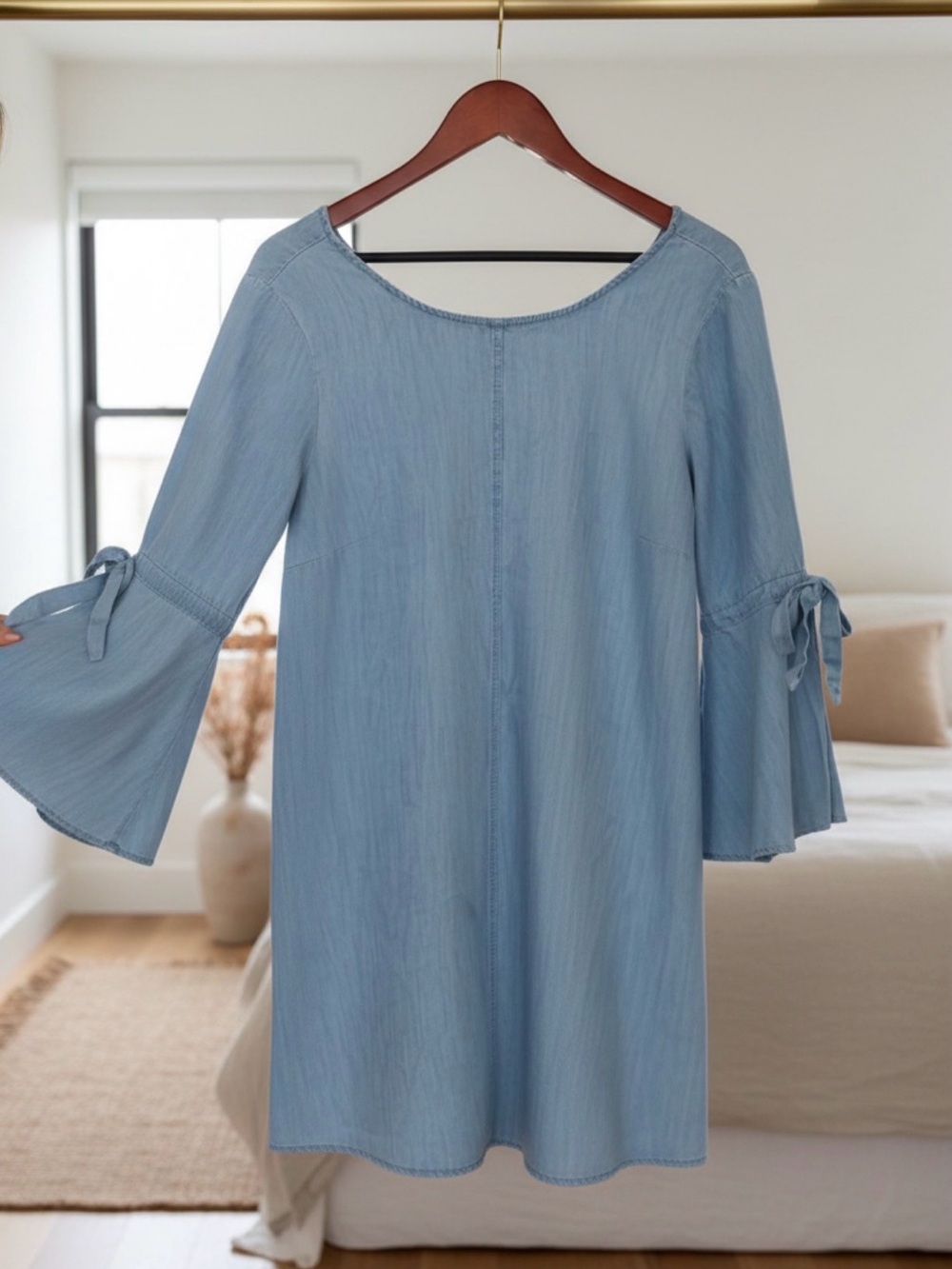 Spense Light Blue Denim Shirt Dress with bow Detail on sleeves
